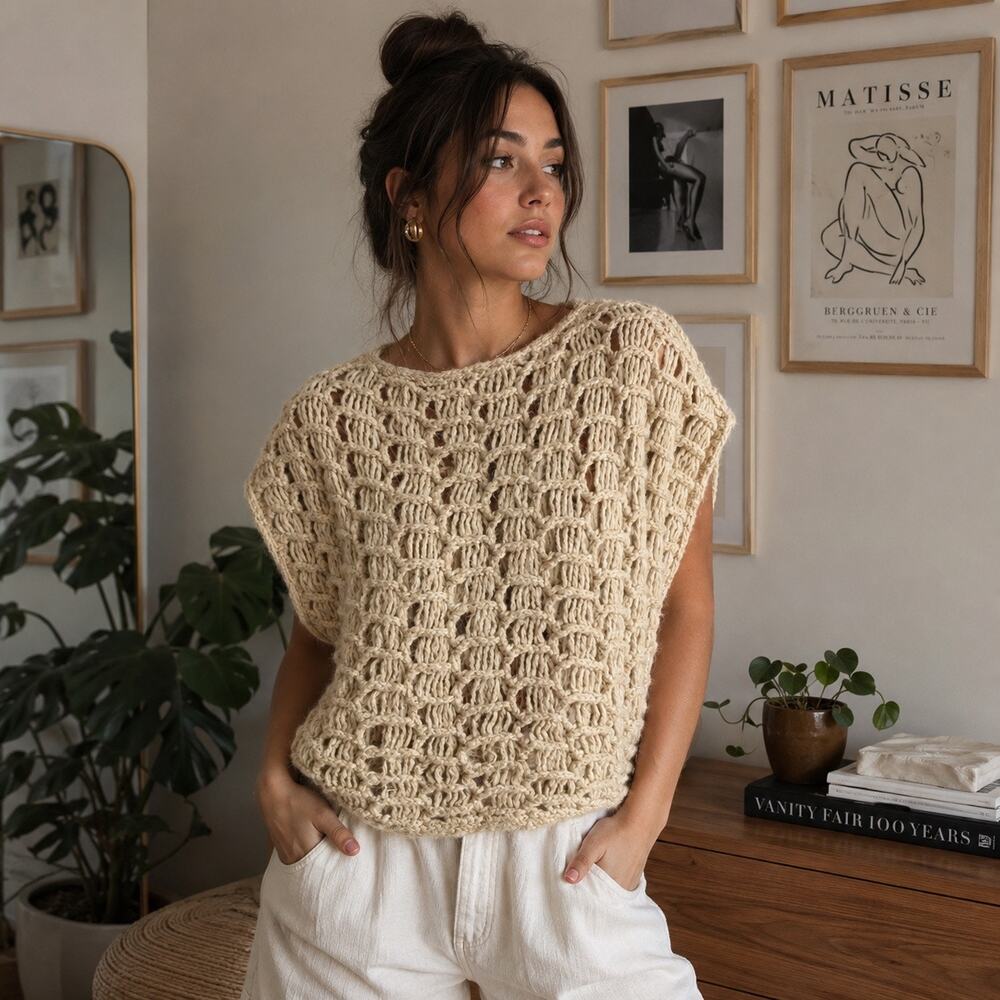 Zara Crochet Knit Sweater Top Small Oversized Beige Open Weave Boho NWOT Coastal